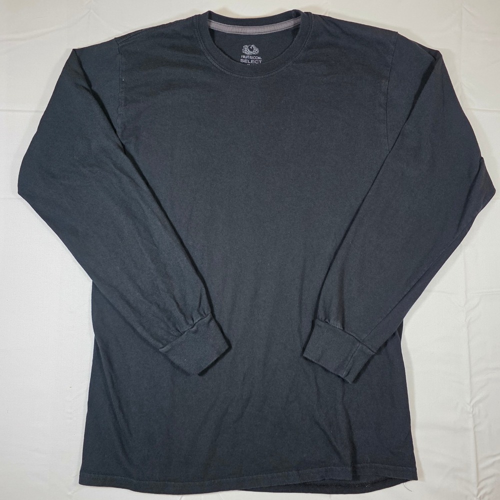 Fruit of the Loom Select Mens Long Sleeve T-Shirt Black Cotton Crew Neck Medium